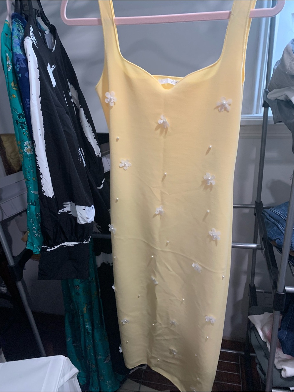 Zara Pale Yellow Midi Dress with White Floral Appliqués